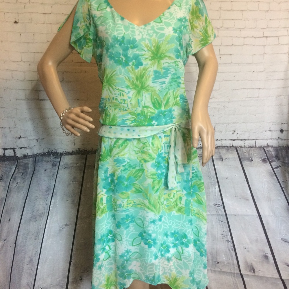 Tropical Flutter Sleeve Handkerchief Hem Dress